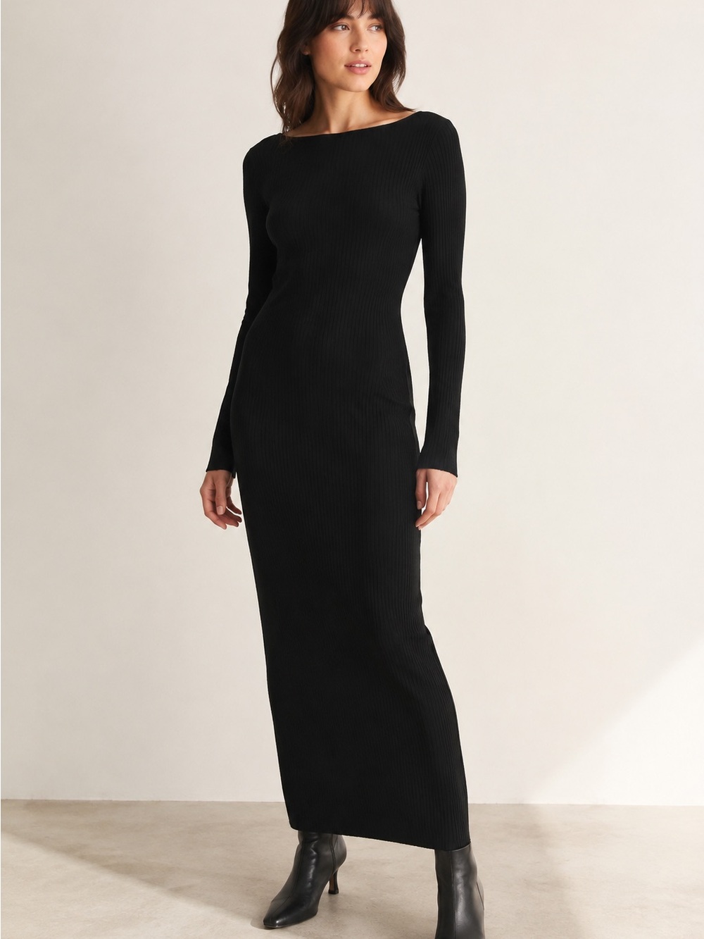 H&M Black Ribbed Knit Bodycon Maxi Dress Long Sleeve Size L